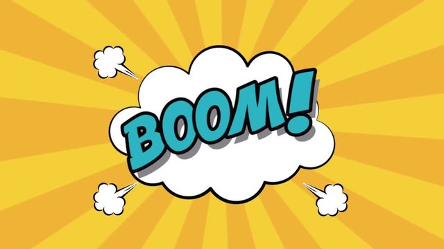 Pop art boom speech over striped yellow background High definition animation colorful scenes