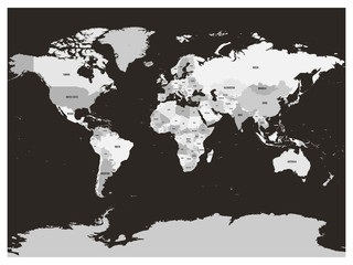 World map in four shades of grey. Vector illustration.