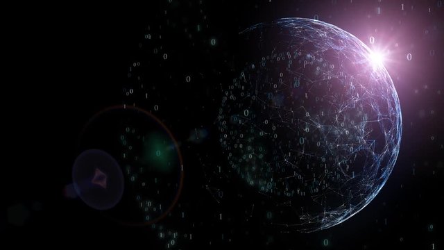 Rotating network globe with binary numbers, sun flare, lines and dots motion. View from space. 