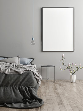 Mock up poster in bedroom, Scandinavian design, sweet dreams, 3d render, 3d illustration