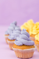 Cupcakes decorated with yellow cream on violet pastel background for greeting card with copyscape.