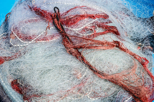 Sea nets background, fishing equipment and old tackle as a decoration for marine style concept.