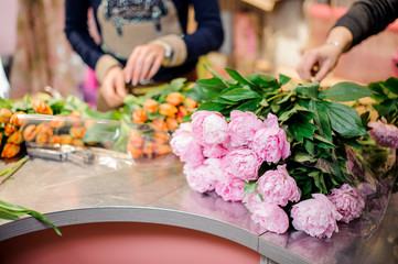 Obraz na płótnie Canvas Florists making bouquets of rose colour peonies and orange tulips