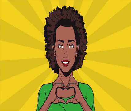Pop art afro woman cartoon doing heart shape with hands High definition animation colorful scenes