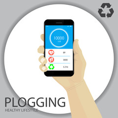 Plogging Concept. Healthy Lifestyle. A Human Hand With Smartphone. Infographics on Pulse, Calories, Steps, Trash Weight.