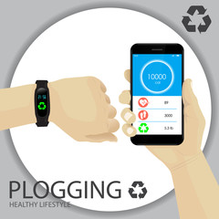 Plogging Concept. Healthy Lifestyle. A Human Hand With Wristband, Tracker, Smartwatch. Smartphone With Infographics on Pulse, Calories, Steps, Trash Weight.   Vector.