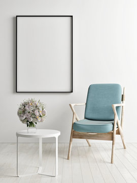 Frame mock up with blue chair, 3d render, 3d illustration
