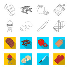 Barbeque grill, champignons, knife, barbecue mitten.BBQ set collection icons in outline,flet style vector symbol stock illustration,web © pandavector