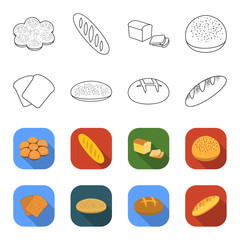 Toast, pizza stock, ruffed loaf, round rye.Bread set collection icons in outline,flet style vector symbol stock illustration web. © pandavector