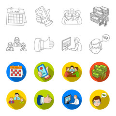 Videoconference, business thoughts, a badge of okay.Bizneskonferentsiya and negotiations set collection icons in outline,flet style vector symbol stock illustration web. © pandavector