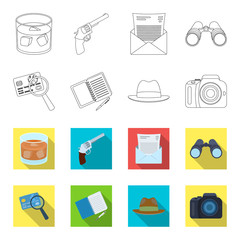 Camera, magnifier, hat, notebook with pen.Detective set collection icons in outline,flet style vector symbol stock illustration web. © pandavector