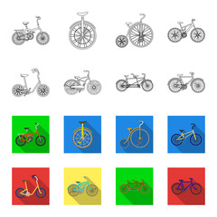 Children bicycle, a double tandem and other types.Different bicycles set collection icons in outline,flet style vector symbol stock illustration web. © pandavector
