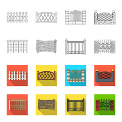 A fence of metal and bricks,wooden palisade. A different fence set collection icons in outline,flet style vector symbol stock illustration web. © pandavector