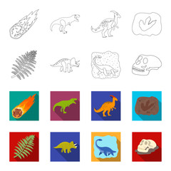 Sea dinosaur,triceratops, prehistoric plant, human skull. Dinosaur and prehistoric period set collection icons in outline,flet style vector symbol stock illustration web. © pandavector
