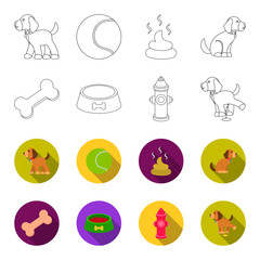 A bone, a fire hydrant, a bowl of food, a pissing dog.Dog set collection icons in outline,flet style vector symbol stock illustration web. © pandavector
