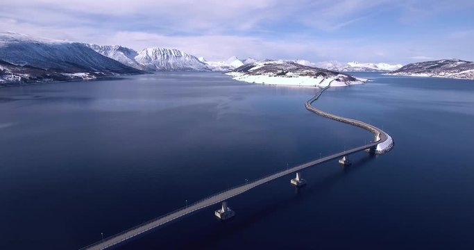 A bridge in an incredibly beautiful winter landscape in Norway lofoten