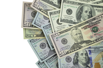 one hundred and fifty dollars banknotes isolated on white background