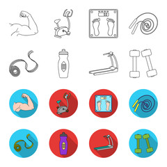 Measuring tape, water bottle, treadmill, dumbbells. Fitnes set collection icons in outline,flet style vector symbol stock illustration web. © pandavector