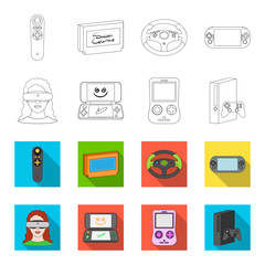 Game console and virtual reality outline,flet icons in set collection for design.Game Gadgets vector symbol stock web illustration. © pandavector