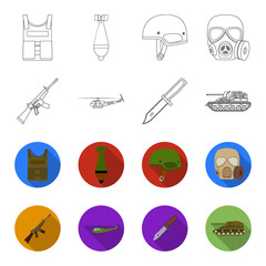 Assault rifle M16, helicopter, tank, combat knife. Military and army set collection icons in outline,flet style vector symbol stock illustration web. © pandavector