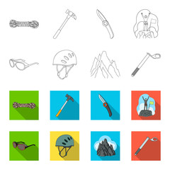 Helmet, goggles, wedge safety, peaks in the clouds.Mountaineering set collection icons in outline,flet style vector symbol stock illustration web. © pandavector