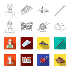 An elderly woman, slippers, a newspaper, knitting.Old age set collection icons in outline,flet style vector symbol stock illustration web. © pandavector