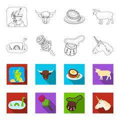 Loch Ness monster, thistle flower, unicorn, sporan. Scotland country set collection icons in outline,flet style vector symbol stock illustration web. © pandavector