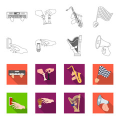Electric switch button, incandescent lamp and other web icon in outline,flet style. harp playing, Megaphone in hand icons in set collection. © pandavector