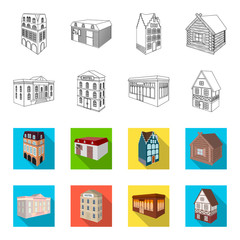 The museum building, a three-story hotel, a stable at the racecourse, a residential cottage. Architectural and building set collection icons in outline,flet style vector symbol stock illustration web. © pandavector