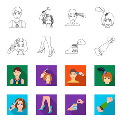 Curling hair, high heels and other web icon in outline,flet style. A pack of cigarettes, a bottle of champagne in hand icons in set collection. © pandavector