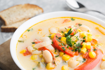 Closeup view of succotash cream soup