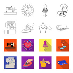 Electric sewing machine, iron for ironing, marking with chalk clothes, roll of fabric and other equipment. Sewing and equipment set collection icons in outline,flet style vector symbol stock © pandavector