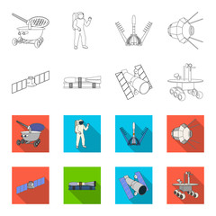 The space station in orbit, the preparation of the launch rocket, the lunar rover on the surface. Space technology set collection icons in outline,flet style vector symbol stock illustration web. © pandavector