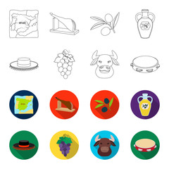 The hat of the todeador, the matador, a bunch of grapes with fists, a bull for the Spanish bullfight, a tambourine. Spain country set collection icons in outline,flet style vector symbol stock © pandavector