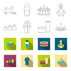 Multicolored burning candles, a pink robe with a yellow belt and a collar, a tube with cream and a jar with an ointment, a drop of water.Spa set collection icons in outline,flet style vector symbol © pandavector