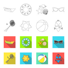 A game of badminton, a ball and the sun.Summer vacation set collection icons in outline,flet style vector symbol stock illustration web. © pandavector