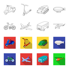 Bicycle, airplane, bus, helicopter types of transport. Transport set collection icons in outline,flet style vector symbol stock illustration web. © pandavector