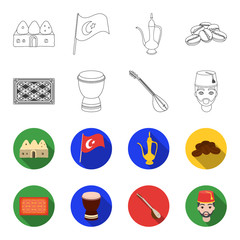 Turkish carpet, saz, drum, turkish men.Turkey set collection icons in outline,flet style vector symbol stock illustration web. © pandavector