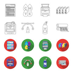 3D printer, newspaper printer, ink, pen. Typography set collection icons in outline,flet style vector symbol stock illustration web. © pandavector