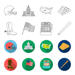 Cowboy boots, national flag, slot machine, baseball bat. USA country set collection icons in outline,flet style vector symbol stock illustration web. © pandavector