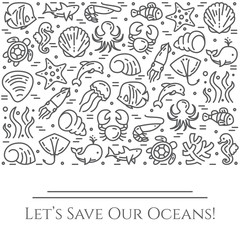 World oceans day theme black and white banner - pictograms of fish, shell, shark, dolphin, turtle and other sea creatures related line elements.
