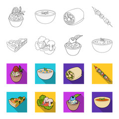 Piece of vegetarian pizza with tomatoes, lettuce leaves with mushrooms, blueberry cake, vegetarian soup with greens. Vegetarian dishes set collection icons in outline,flet style vector symbol stock © pandavector