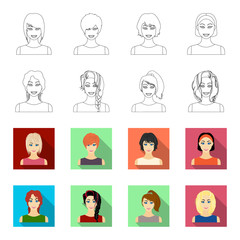 Types of female hairstyles outline,flet icons in set collection for design. Appearance of a woman vector symbol stock web illustration. © pandavector