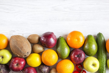 Composition with different fresh organic fruits and vegetables. Copy space. Top view. Flat lay.