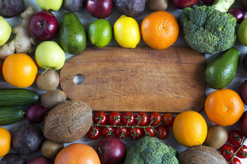 Composition with different fresh organic fruits and vegetables. Copy space. Top view. Flat lay.