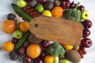 Composition with different fresh organic fruits and vegetables. Copy space. Top view. Flat lay.