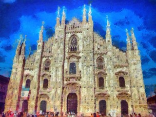 Milan cathedral. Ancient gothic church. Summer tourism in Italy. Big size painting in oil on canvas artwork.
