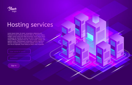 Web hosting and data center isometric vector illustration. Concept of big data processing, server room rack, Ultraviolet colors