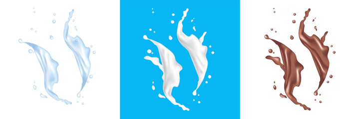 Water, milk, chocolate splash set. Product package design element.