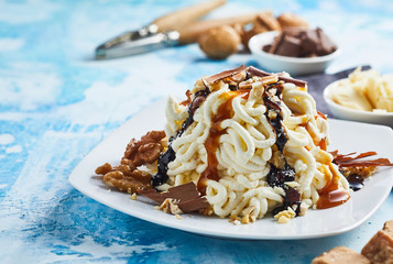 Spaghetti ice cream with caramel sauce